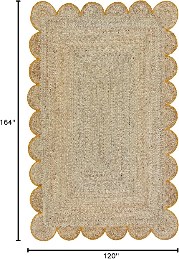 Scalloped Natural Jute Area Rug, Yellow Trim, 10'x14'
