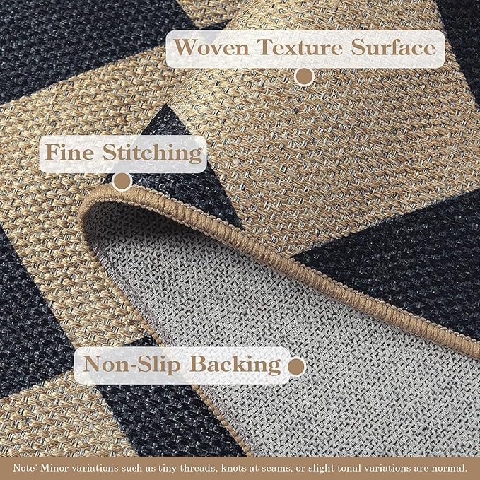 Lanffia Checkered Easy Jute 5x7 Outdoor Rug, Black Washable Rugs 5x7 for Living Room Neutral Indoor Outdoor Carpet, Non Slip Stain Resistant Checkerboard Rug for Backyard Dining Room Classroom