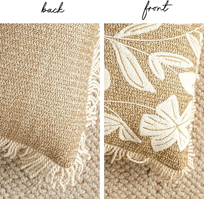 BlissBlush Jute Decorative Spring Accent Throw Pillow Cover 20X20, Neutral Floral Farmhouse Textured Pillowcase for Couch Sofa Living Room, Outdoor Lounge(Cover Only)