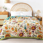 Boho Throw Blanket for Bed, 100% Pure Cotton Ultra Soft Rustic Quilt, Farmhouse Decor Bed Blankets, All Season Rustic Throw for Sofa Couch Chair(91"x 98", Boho Floral)
