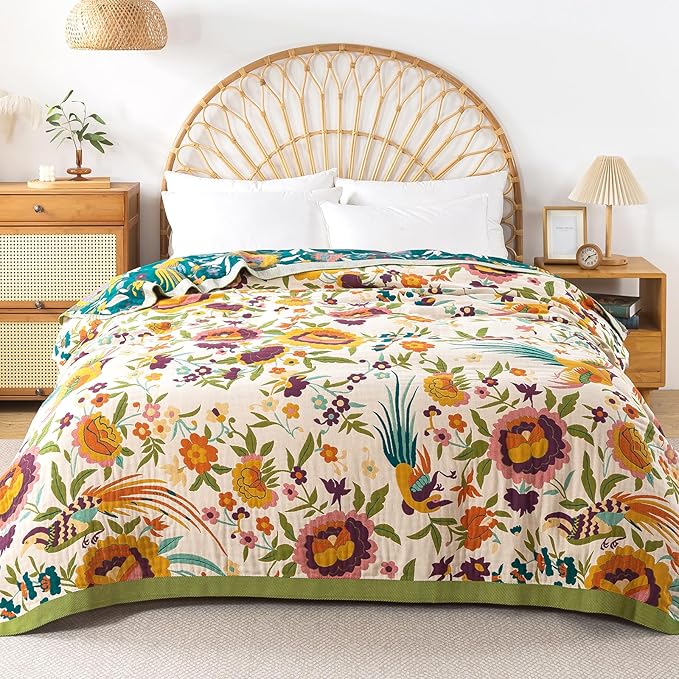 Boho Throw Blanket for Bed - 100% Pure Cotton Ultra Soft Rustic Quilt - Farmhouse Decor Bed Blankets, All Season Rustic Throw for Sofa Couch Chair(60"×80", Boho Floral)