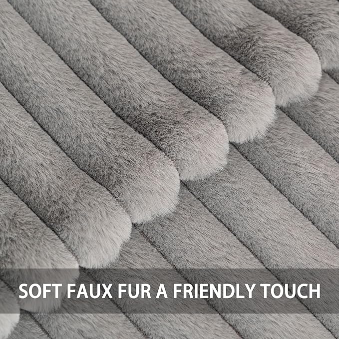 Pack of 2 Faux Fur Christmas Throw Pillow Covers 18x18 Inch, Soft Plush Striped Neutral Couch Pillow Cover, with Velvet Back Modern Home Decor for Sofa Living Room Couch Bed Dark Grey