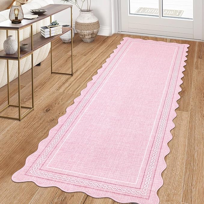 Garvee Scalloped Washable Rugs for Entryway 2x8 Runner Rug Non Slip Kitchen Rugs Indoor Modern Soft Bathroom Runner Rug Low Pile Stain Resistant Carpet for Bedroom Hallway Laundry 2'x8' Pink