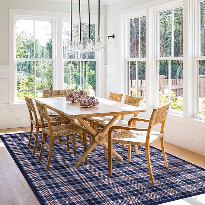 GarveeHome Machine Washable Area Rugs 8x10, Checkered Stain Resistant Non Slip Backing Low-Pile Rug Indoor Outdoor Carpet for Living Room Office Bedroom Dining Room Nursery Blue