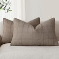 Foindtower Set of 2 Decorative Linen Check Throw Pillow Covers Neutral Farmhouse Lumbar Cushion Covers Modern Boho Home Decor for Sofa Chair Couch Bedroom Living Room,12×20 Inch,Tan Taupe