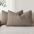 Foindtower Set of 2 Decorative Linen Check Throw Pillow Covers Neutral Farmhouse Lumbar Cushion Covers Modern Boho Home Decor for Sofa Chair Couch Bedroom Living Room,12×20 Inch,Tan Taupe
