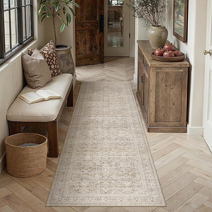 HUGEAR 2x8 Runner Rug Hallway Vintage Beige Machine Washable Retro Floral Low Pile Carpet Vacuumable Distressed Long Throw Rug Bedroom Office Bathroom Kitchen Laundry Non Slip Soft Lightweight