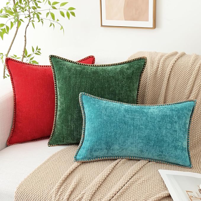 decorUhome Summer Chenille Soft Cozy Throw Pillow Covers 26x26 Set of 2, Modern Farmhouse Boho Velvet Decorative Euro Sham Pillow Cases with Stitched Edge for Couch Sofa Bed Home Decor, Turquoise