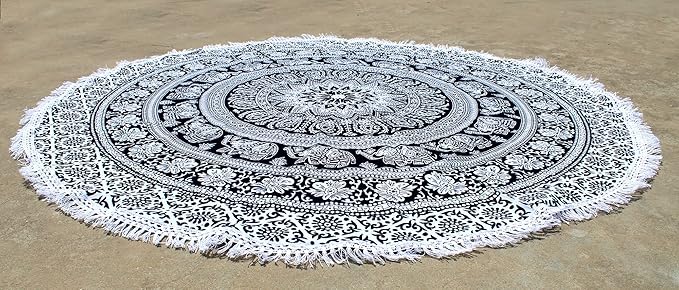 Round Beach Tapestry Turquoise Mandala Throw/Boho Hippie Beach Blanket Roundie/Indian Cotton Bohemian Large Round Table Cloth-Home Decor/Yoga Mat Meditation Picnic Rug (70", Black And WHite)