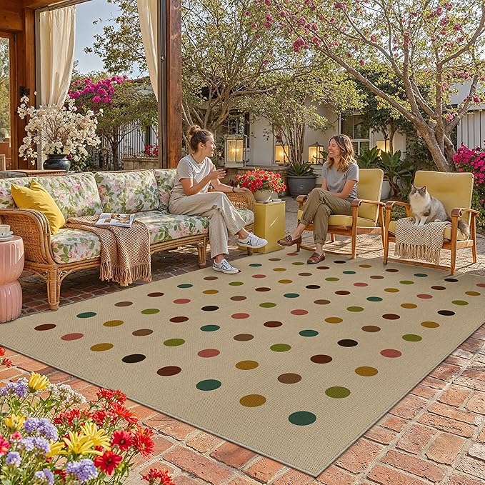 HUGEAR 8x10 Jute Outdoor Indoor Rug Washable Geometric Linen Textured Weave High Traffic Stain Resistant Non Slip Durable Carpet for Livingroom Patio Deck Balcony Courtyard (Rainbow, 8' x 10')