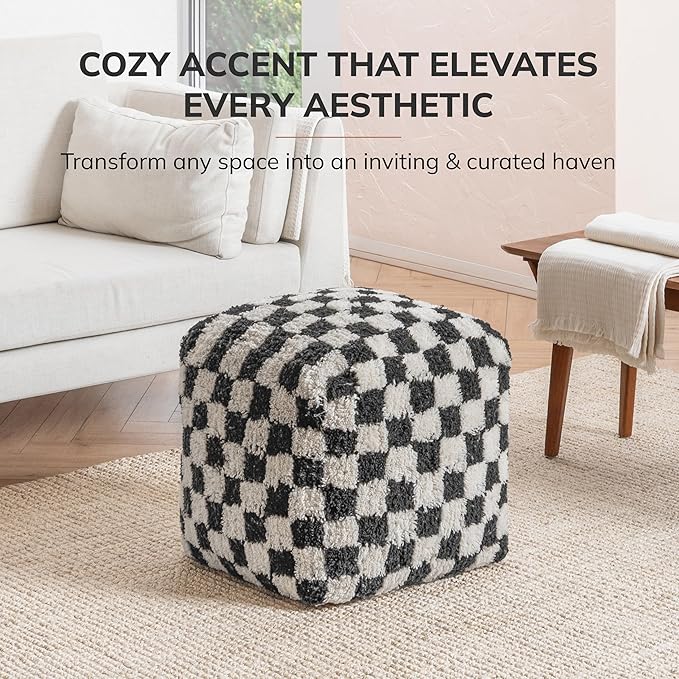 Anji Mountain Pouf Ottoman Foot Rest, Handmade Ottoman Pouf, Comfortable Foot Stool, Decorative Floor Seating for Living Room Decor, Bedroom & Home Décor Accent - Black