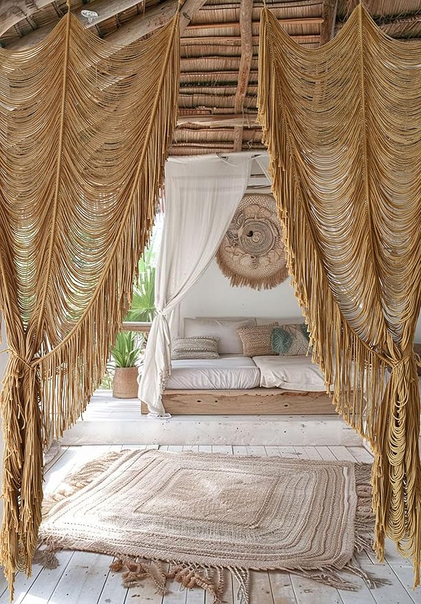 Macrame Curtain Boho Curtain Room Divider Doorway Wall Decor Fiber Yarn Art Craftsmanship Bedroom Wedding Backdrop 41" W x 75" L（1 Panel