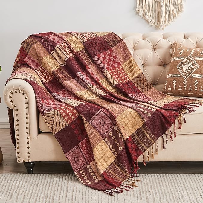Boho Throw Blanket,Patchwork Large Blankets for Sofa Double Bed Armchair Couch,Weighted Soft Furniture Throws,Tassels Chenille Throws and Blankets for Bohemian Decor (86"*102")…