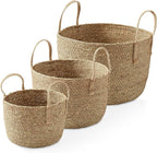 Casafield Set of 3 Braided Seagrass Baskets with Jute Handles - Natural, Woven Storage Basket Planters, Boho Decor for Entryway, Living Room, Bedroom