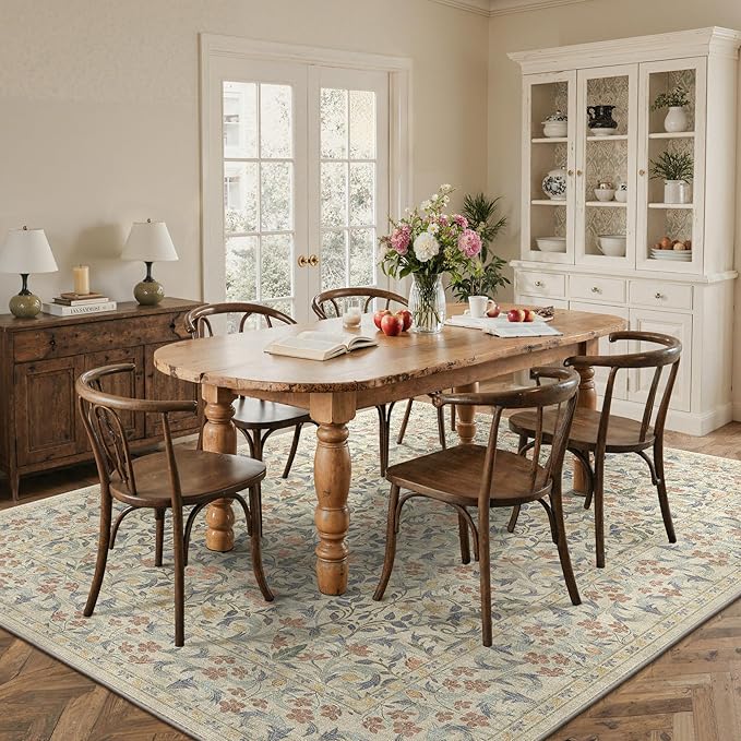 GENIMO 8x10 Washable Area Rug, Non-Slip Vintage Boho Floral Carpet, Soft Low-Pile Thin Living Room Rug for Bedroom, Dining Room, Nursery, Beige Blue