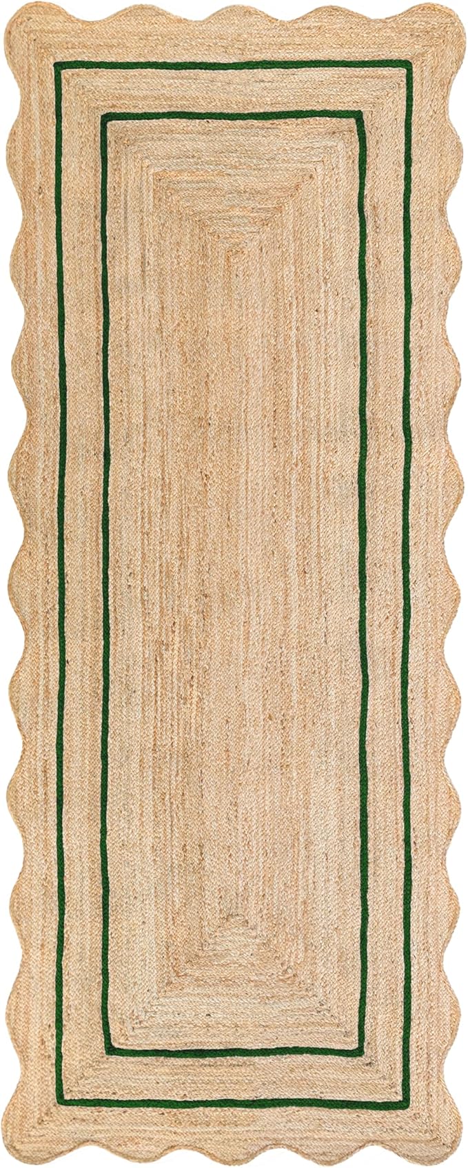 Wave Scalloped Natural Jute Runner, Green (2'6"x18'): Boho Farmhouse Entryway Scallop Rug
