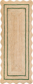 Wave Scalloped Natural Jute Rug Boho Entryway Runner Farmhouse Scallop, Green (2'x10')