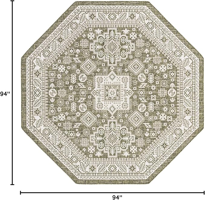 Rugs.com Outdoor Aztec Collection Rug – 8 Ft Octagon Green Flatweave Rug Perfect for Living Rooms, Kitchens, Entryways
