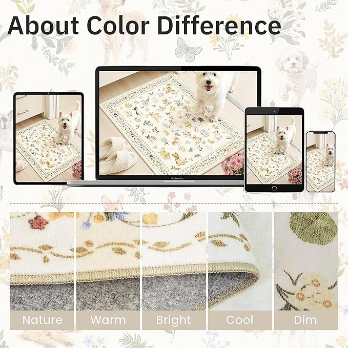 Dog 9x12 Area Rugs for Living Room, Machine Washable Animal Floral Vintage Rug Non-Slip Low Pile Soft Throw Large Rugs for Bedroom Dining Room Kitchen Nursery Playroom (9 x 12,Beige)
