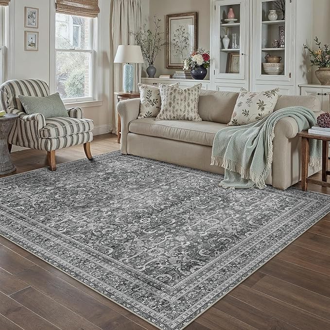 HUGEAR Area Rug 5x7 Vintage Grey Machine Washable Living Room Rugs Distressed Retro Floral Vacuumable Low Pile Carpet Bedroom Office Dining Room Laundry Room Non Slip Soft Lightweight