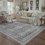 HUGEAR Area Rug 5x7 Vintage Grey Machine Washable Living Room Rugs Distressed Retro Floral Vacuumable Low Pile Carpet Bedroom Office Dining Room Laundry Room Non Slip Soft Lightweight