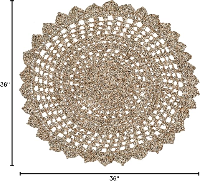 Jute Hand Crochet Rug, Natural/Spa Grey - 3 Feet Round, Non Slip Decorative Accent Floor Rugs for Entryway, Kitchen, Living Room, Nursery | Farmhouse Small Scalloped Rustic Door Mat for Patio Décor