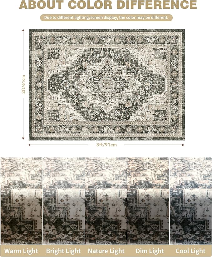 Washable Runner Rug 2x3 Runners for Hallways, Ultra-Thin Carpet Runners for Entryway Anti Slip Backing Runner Rugs for Kitchen Laundry Room Indoor Hallway (Black/Beige)