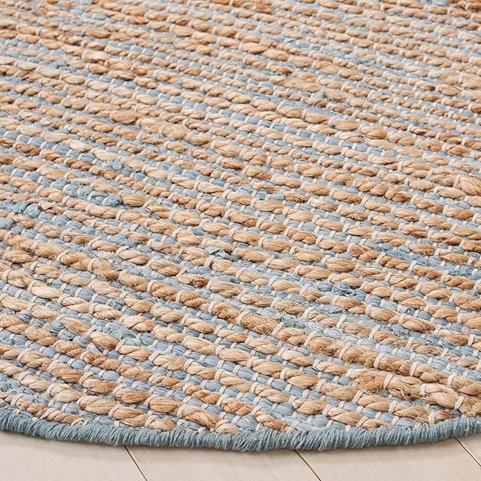 SAFAVIEH Cape Cod Collection Area Rug - 6' Round, Blue & Natural, Handmade Jute & Cotton, Ideal for Living Room, Bedroom, Dining Space (CAP236M)