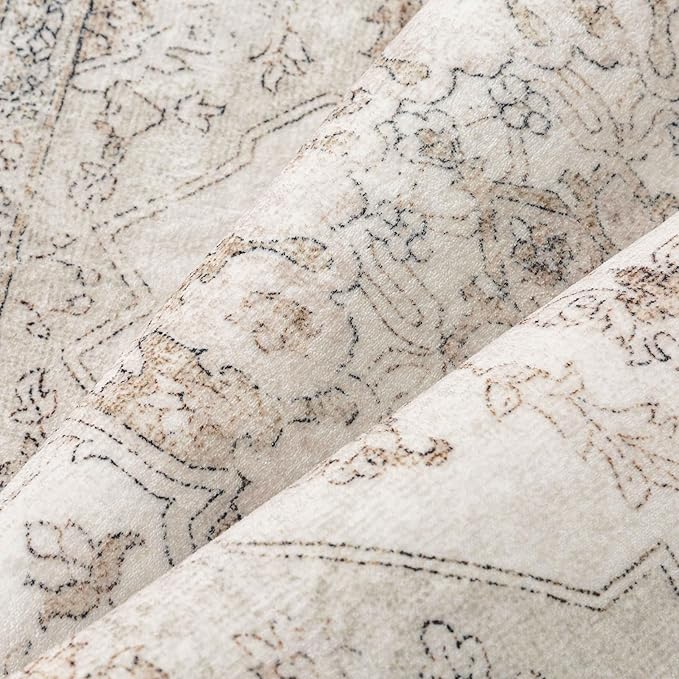 Beige Area Rug 9x12 Washable Vintage Carpet for Living Room Bedroom Large Soft Retro Low Pile Thin Indoor Rug Non Slip Oriental Medallion Floor Cover for Dining Room Office