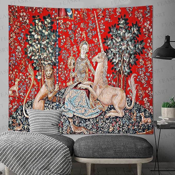 FEASRT Medieval Maiden Tapestry European Royal Princess Tapestrys Wild Animal Tapestry, Large 100x90 Inches Soft Flannelette, for Bohemian Mandala Bedroom Living Room Dorm