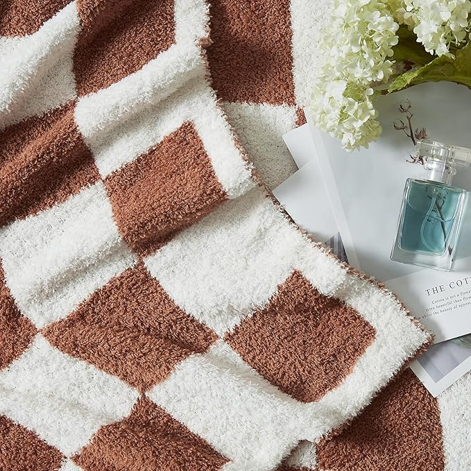 WRENSONGE Checkered Throw Blanket, Autumn Leaf Orange Soft Cozy Fluffy Warm Hand Made Throw Blankets for Couch, Sofa, Chair, Bed, Camping, Picnic, Travel Lightweight Bed Blanket - 60"*80"