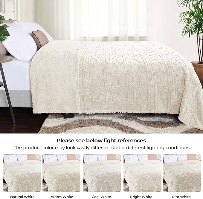 Superior Fleece Boho Jacquard Blanket, Decorative Blankets for Bedroom, Sofa, Fuzzy, Plush, Fluffy, Soft, Cute Room Decor, Beautiful Cover, Comfort Essentials, Arctic Collection, Full/Queen, Ivory