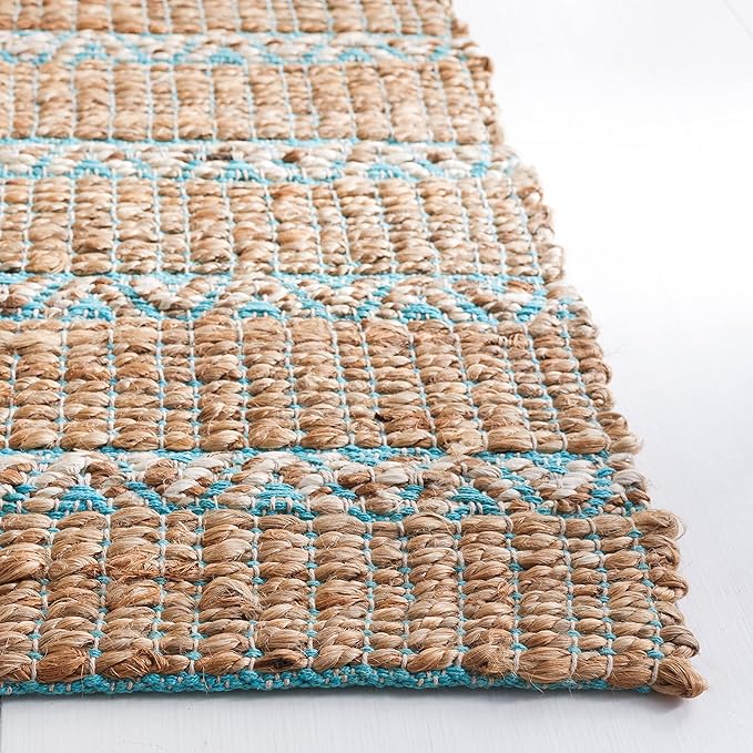 SAFAVIEH Natural Fiber Collection Area Rug - 6' x 9', Teal & Natural, Handmade Flat Weave Stripe Jute & Cotton Jute, Ideal for High Traffic Areas in Living Room, Bedroom (NFB655K)