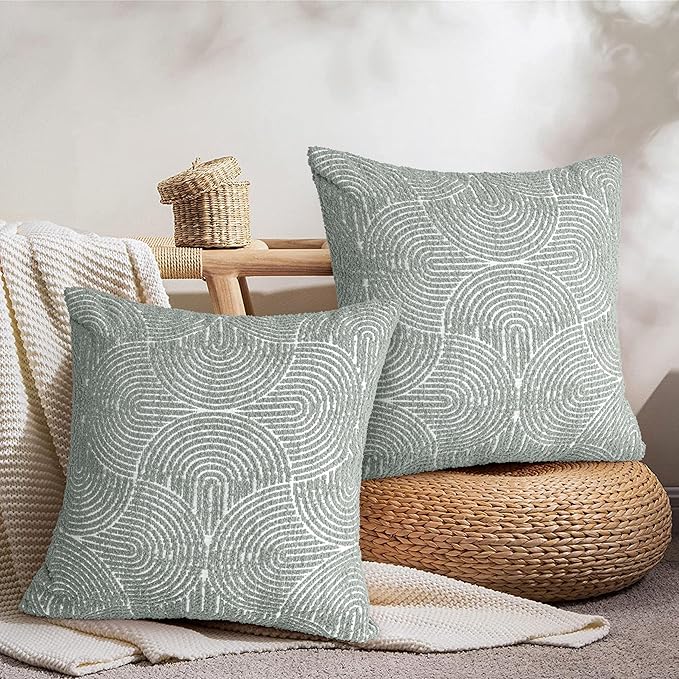 AELS Boho Decorative Textured Throw Pillow Covers 20x20, Organic Modern Mid Century Rainbow Tufted Pillow Case, Farmhouse Rustic Geometric Woven Cushion Case for Bed Couch Sofa, Slate Pale Blue Gray