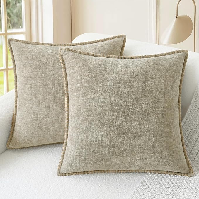 CaliTime Throw Pillow Covers Decorative 24 X 24 Inches Pack of 2 Cotton Thread Stitching Edges Solid Dyed Soft Chenille Cushion Cases for Couch Sofa Bed Living Room Farmhouse Light Taupe