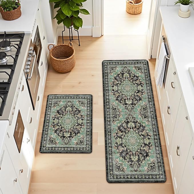 Boho Kitchen Mats for Floor 2 Piece Set Anti Fatigue Cushioned PVC Kitchen Rugs Non Slip Waterproof Farmhouse Mats 2/5 Inch Comfort Standing Mat for Sink, Laundry, 17.3"x47"+17.3"x28", Black Green