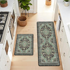 Boho Kitchen Mats for Floor 2 Piece Set Anti Fatigue Cushioned PVC Kitchen Rugs Non Slip Waterproof Farmhouse Mats 2/5 Inch Comfort Standing Mat for Sink, Laundry, 17.3"x59"+17.3"x28", Black Green