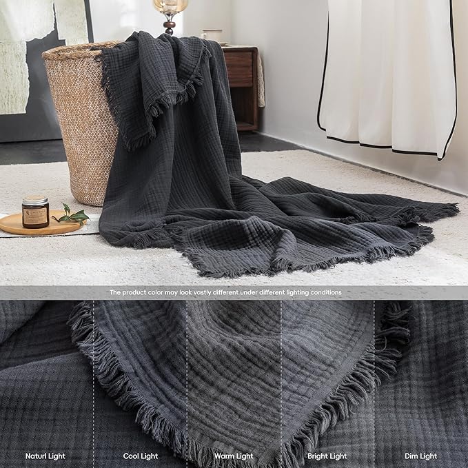FOSSA Muslin Blanket with Fringe - 4-Layer 100% Cotton Gauze Super Soft & Breathable Throw -Lightweight Decorative Cooling Blanket for Bed, Sofa, Office (Dark Gray, King (104" × 90"))