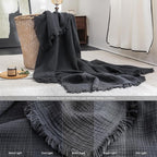 FOSSA Muslin Blanket with Fringe - 4-Layer 100% Cotton Gauze Super Soft & Breathable Throw -Lightweight Decorative Cooling Blanket for Bed, Sofa, Office - Super King Size 108" x 98" (Dark Gray)