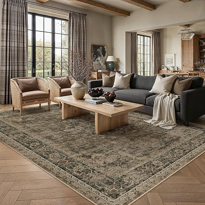 9x12 Washable Area Rug Brown Vintage Distressed Large Rug for Living Room Oriental Soft Thin Indoor Retro Carpet Non Slip Low Pile Floor Cover for Bedroom Dining Room Office Nursery