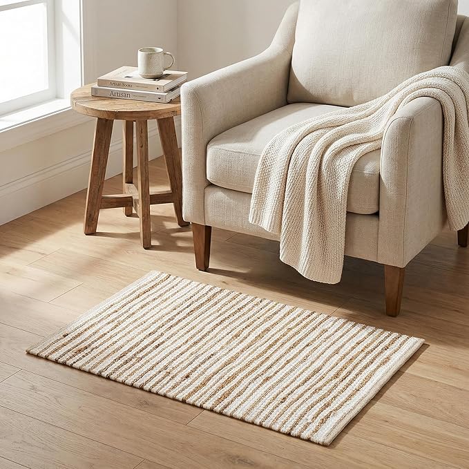 Jute Cotton Hand Woven Area Eug 2x3 Feet - Natural White, Small Farmhouse Reversible Stripe Hand Woevn Door Mat Ideal for Entryway, Kitchen, Bedroom | Beige Boho Soft Floor Rugs for Balcony
