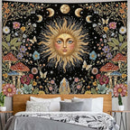 Aipon Boho Sun and Moon Tapestry Hippie Mushroom Floral Wall Tapestry for Bedroom Aesthetic Moon Phase Vintage Plant Celestial Large Tapestries Wall Hanging for Living Room Dorm 80 x 60 Inch