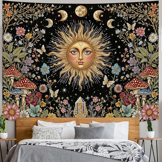 Aipon Boho Sun and Moon Tapestry Hippie Mushroom Floral Wall Tapestry for Bedroom Aesthetic Moon Phase Vintage Plant Celestial Large Tapestries Wall Hanging for Living Room Dorm 80 x 60 Inch