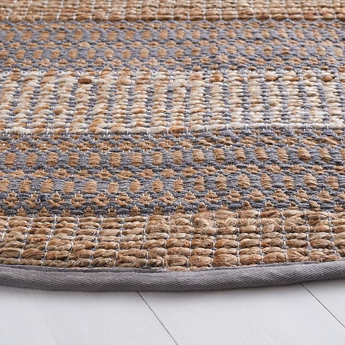 SAFAVIEH Natural Fiber Collection Area Rug - 7' Round, Grey & Natural, Handmade Flat Weave Stripe Jute & Cotton, Ideal for High Traffic Areas in Living Room, Bedroom (NFB652F)