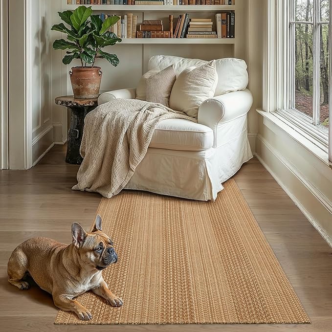 3x5 ft Washable Area Rug, Textured Natural Woven Low-Profile Entryway Rug with Non-Slip Backing, Neutral Light Brown Accent Rug for Bedroom, Living Room