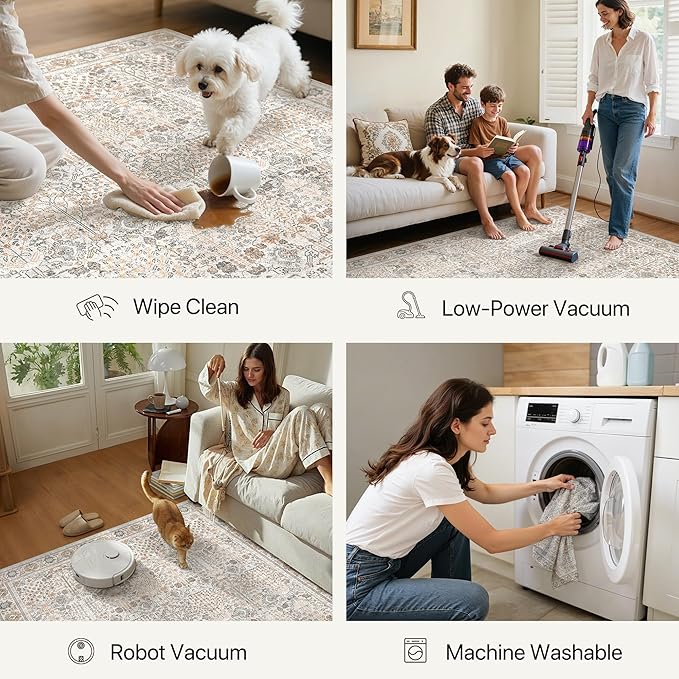 Bavni Washable Rugs 8x10-Machine Washable Rug Lightweight Low Pile, Vintage Floral Rug Non-Shedding Distressed Throw Carpet for Living Room Bedroom Office, Beige Gery
