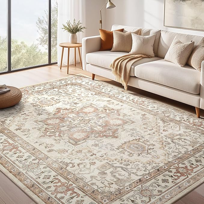 Washable Rug 7x9 Area Rugs: Boho Vintage Distressed Oriental Medallion Neutral Thin Large Rug Carpet for Living Room Bedroom Dining Room Home Office Decor - Beige
