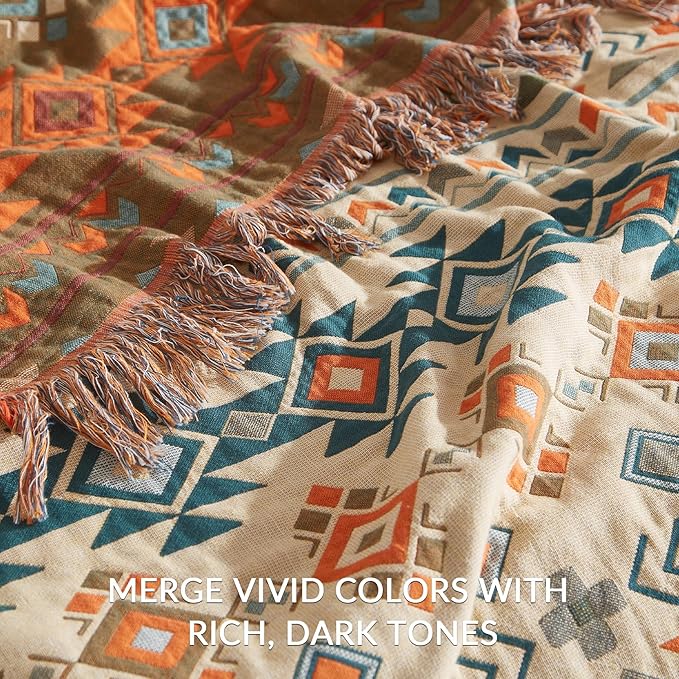 Boho Throw Blanket for Couch Sofa Bed, 100% Cotton Woven Quilt with Tassel 90”x98”, Super Soft Muslin Blanket with Patchwork Printed, Decorative Reversible Bed Blanket/Cover for All Seasons
