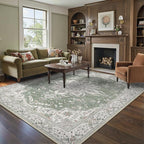 GENIMO 5X7 Washable Vintage Area Rugs for Living Room, Non-Slip Low Pile Chenille Print Rug, Soft Rugs for Bedroom Dining Room Home Office, Sage & Linen