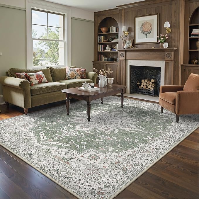 GENIMO 8X10 Washable Vintage Area Rugs for Living Room, Non-Slip Low Pile Chenille Print Rug, Soft Rugs for Bedroom Dining Room Home Office, Sage & Linen